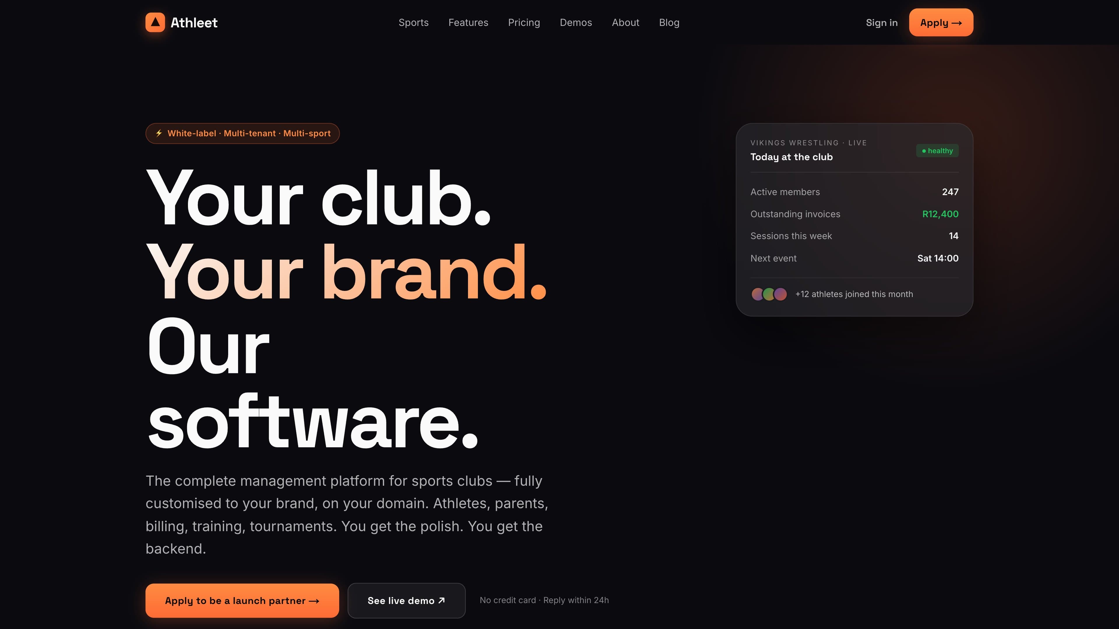The Athleet home page: "Your club. Your brand. Our software." beside a live club dashboard card