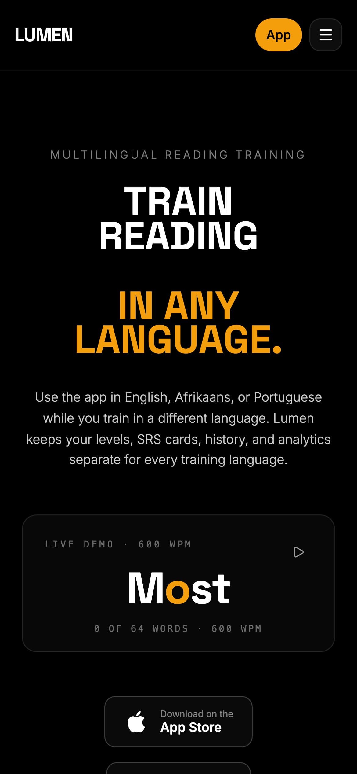 The Lumen site on a phone: "Train reading in any language" above a live 600 words-per-minute demo