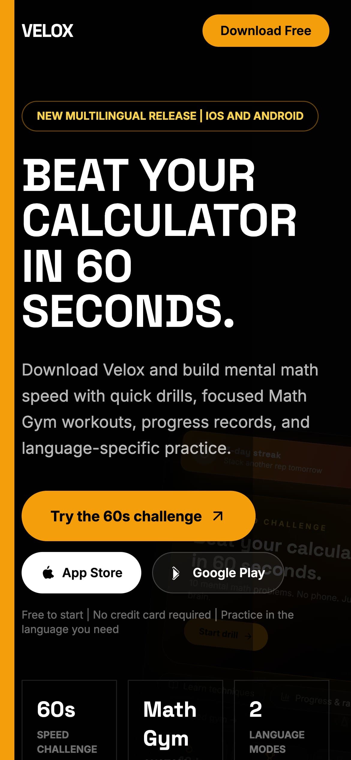 The Velox site on a phone: "Beat your calculator in 60 seconds" with App Store and Google Play buttons